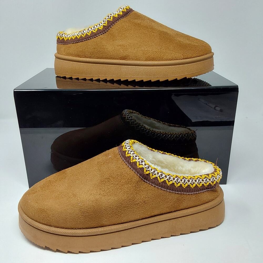 Women's Cozy Faux Suede Platform Slippers Brown Faux Fur Lined EU 38 US 7.5 New